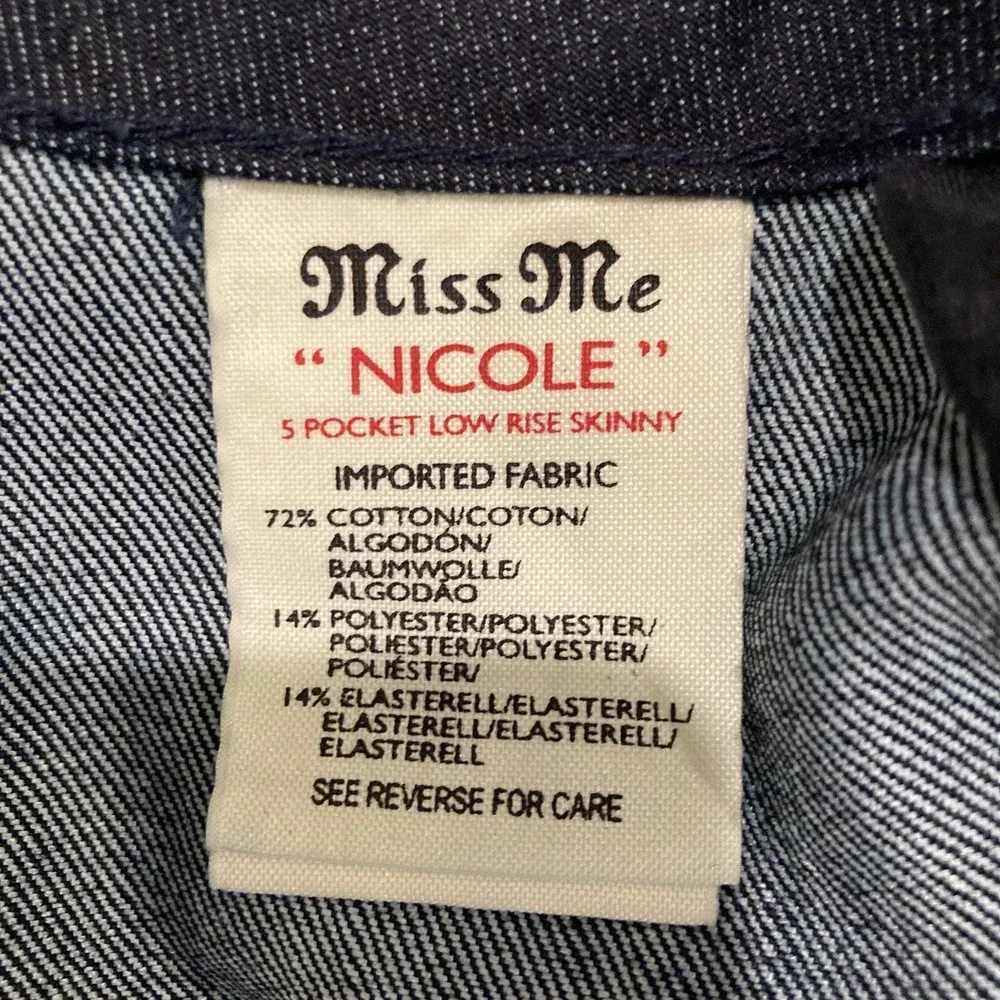 MISS ME Jeans Women NICOLE Size 31 Low‎ Rise Skinny Stretch Whiskered Dark Blue